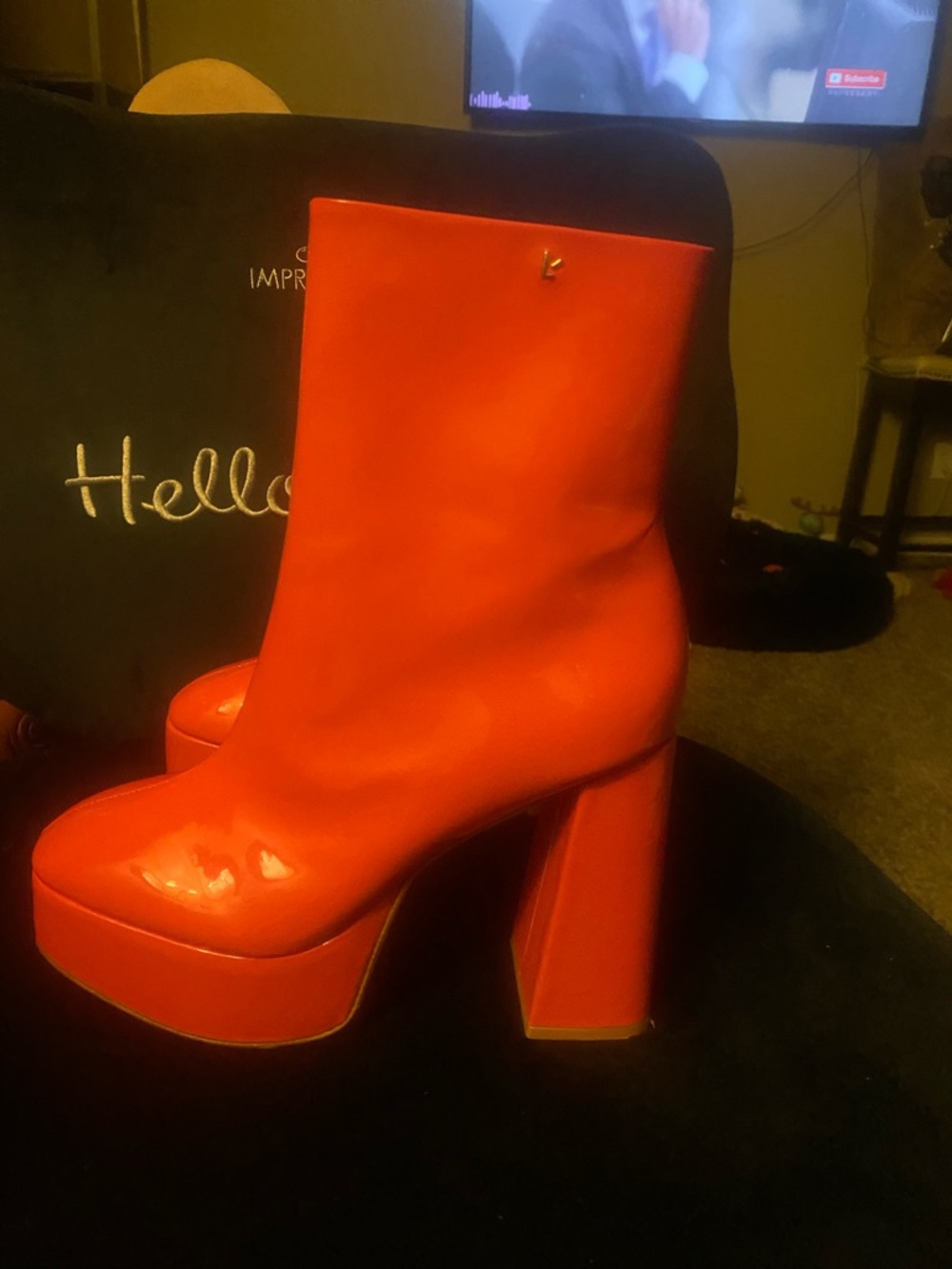 Larroude Red Patent Platform Block Heel Ankle Boots